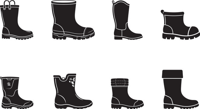 Minimalist Rubber Boot Collection with Waterproof Rain Boots, Wellington Footwear and Black Silhouette Vector Icons