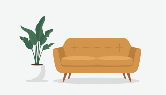 Cozy modern living room setup featuring a stylish yellow fabric sofa next to a vibrant green potted houseplant against a plain wall.