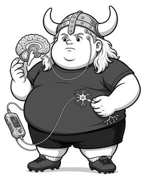 Viking character holding brain and game controller illustration.