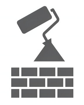 Construction and building work with trowel and brick wall, flat vector icon
