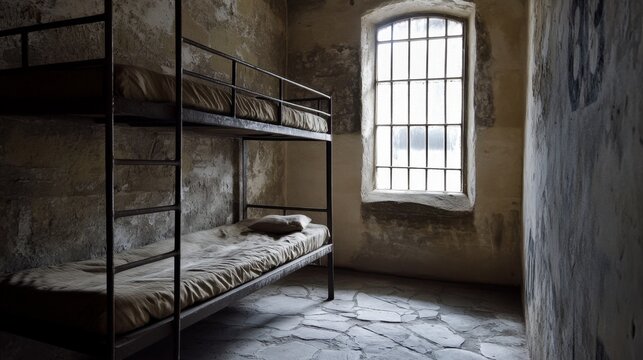 Grim empty prison cell interior with a rusty metal bunk bed and a small barred window