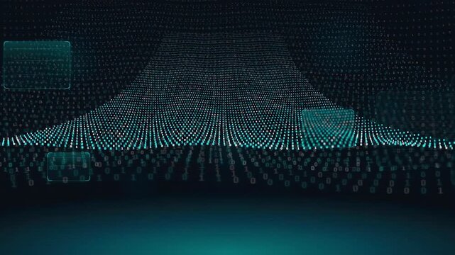 Abstract digital wave of glowing blue particles and binary code flowing in dark cyberspace