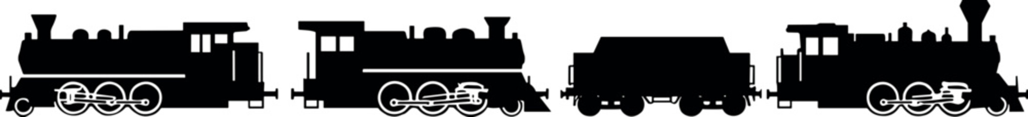 Set of detailed black silhouettes of historic steam engines and railway cars creating a nostalgic transport mood on white. © Vector Expert