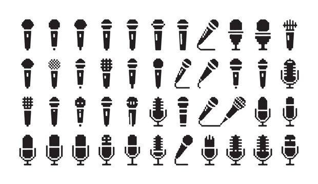 Microphone solid and pixel vector icon set design. simple flat style element. mic sign symbol.