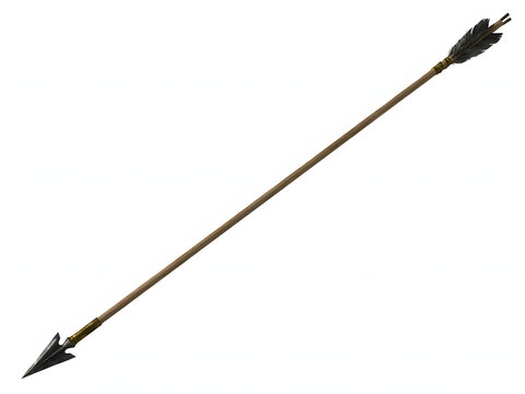 Traditional wooden arrow with sharp arrowhead and feathered fletching for archery and historical concepts, isolated on white background
