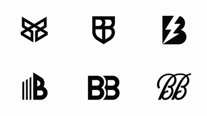 Set of six creative letter B logo designs featuring modern minimalist abstract geometric shapes and elegant script typography styles © ALBART