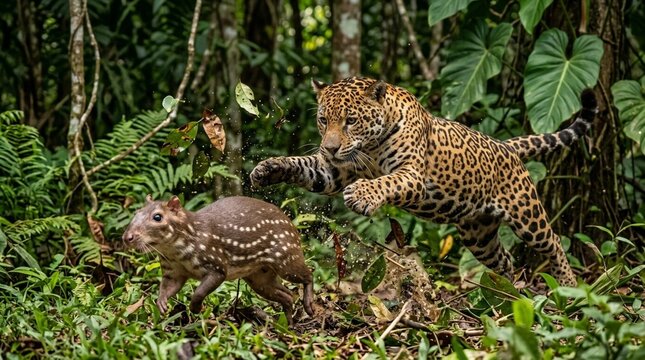 jaguar leaping toward a lowland paca in the amazon