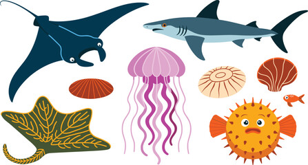 Marine creatures flat vector illustration collection. A manta ray, shark, pink jellyfish, puffer fish, stingray, seashells, and tiny goldfish form a lively underwater wildlife assortment. © ALINA
