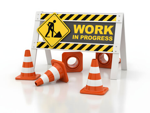 Construction sign and traffic cones for roadwork and building site, isolated on white background