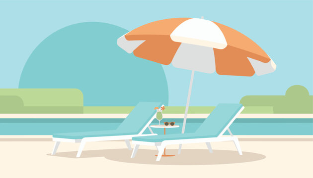 Two blue lounge chairs under a sun umbrella with a cocktail drink on a side table next to a swimming pool.