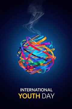 Artistic 3d ball formed by intertwined colorful ribbons with rising smoke for international youth day celebration