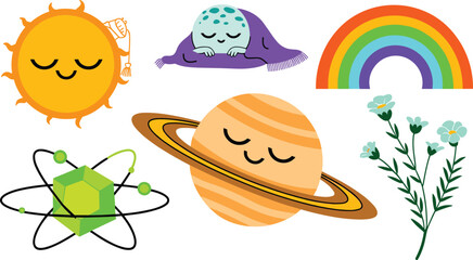Space elements flat vector illustration pack. Smiling Saturn, a sleeping moon, bright sun, colorful rainbow, green atom, and delicate wildflowers form a whimsical cosmic collection. © ALINA