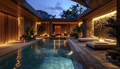 Obraz premium Luxurious Indoor Pool with Wooden Accents and Serene Lighting.