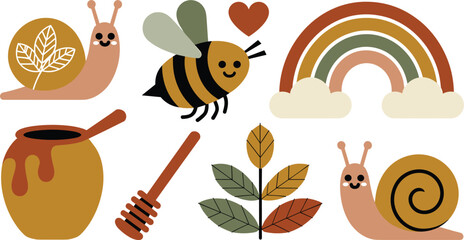 Boho insects flat vector illustration set. Charming snails, a fuzzy bumblebee, honey pot, earth-toned rainbow, leaves, and heart shape a cozy autumnal nature assortment. © ALINA