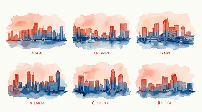 American City Skyline Watercolor Collection, Modern Travel Vector Set in Coral, Peach and Deep Blue Colors