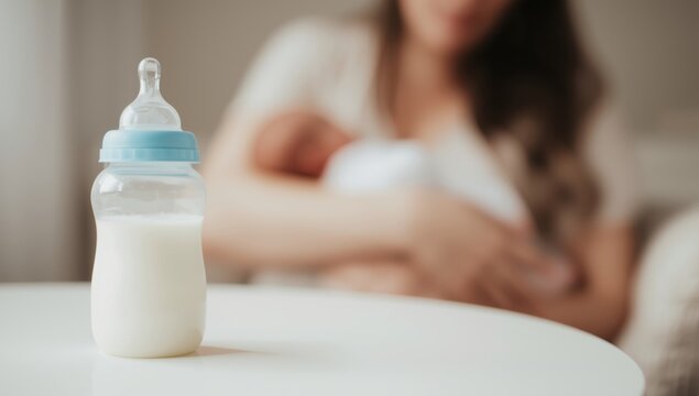 Baby bottle filled with fresh milk standing on a white table with a blurred mother holding newborn in background