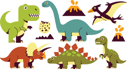 Prehistoric dinosaurs flat vector illustration. Friendly jurassic reptiles including a giant brachiosaurus, green tyrannosaurus rex, spiny stegosaurus, triceratops, pterodactyl. © ALINA