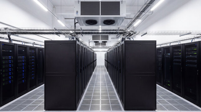 Rows of Server Racks: An expansive data center filled with rows of black server racks, illuminated by cool fluorescent lighting, representing the heart of modern digital infrastructure.