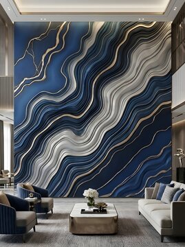 Abstract marble wall with gold veins and a black marble background in a modern living room