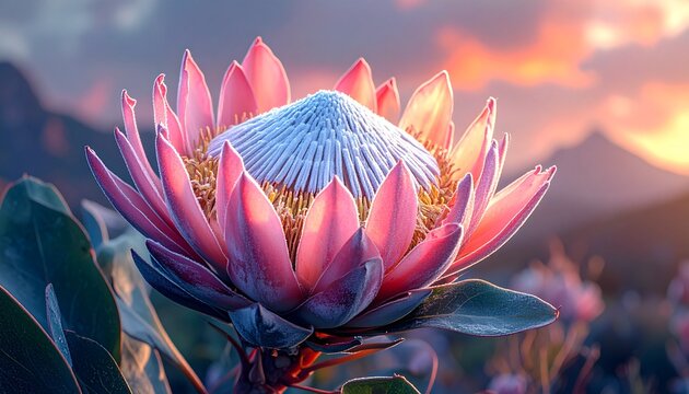 Majestic King Protea Flower in Full Bloom at Sunset.