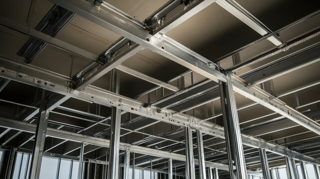 Shiny metal studs and steel framing structure inside a building under construction