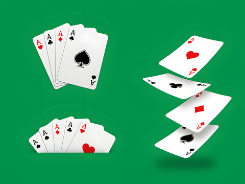 Playing cards in mid-air and fanned out on green background, poker game