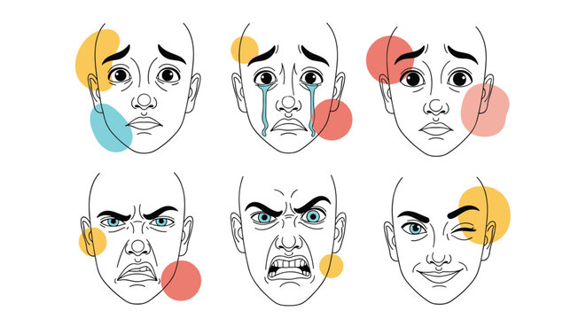 Set of human face sketches depicting various emotions including sadness anger crying and a wink with colorful accents.
