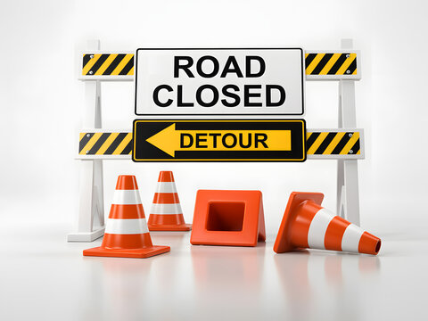 Road closed sign and traffic cones for construction detour, roadwork warning