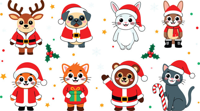 Christmas animals flat vector illustration. Festive forest creatures and domestic pets wearing red Santa suits stand together amidst holly berries and stars.