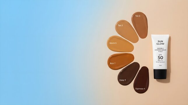 Sunscreen product with various foundation shades on a blue and beige background