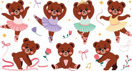 Teddy bear ballerinas flat vector illustration. Cute brown dancers wearing colorful frilly tutus, pointe shoes, and tiaras perform near delicate ribbons. © ALINA