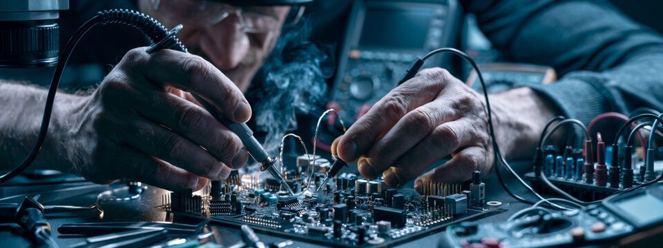 Close-Up of Skilled Hands Performing Precision Work on Electronic Circuit Board Components