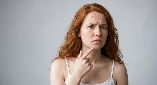 Upset young woman pointing at pimples on her face showing acne skin problem