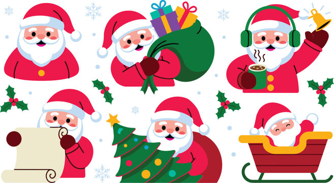 Santa Claus flat vector illustration. Festive characters carrying gift sacks, riding a wooden sleigh, and reading scrolls create a holiday collection.