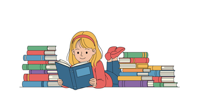 Young girl with blonde hair lying on the floor and reading a book while surrounded by several tall stacks of colorful books.