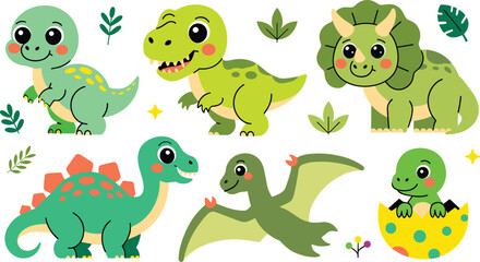 Dinosaur characters flat vector illustration. Smiling prehistoric reptiles including triceratops, stegosaurus, and a hatching baby egg stand among simple leaves. © ALINA