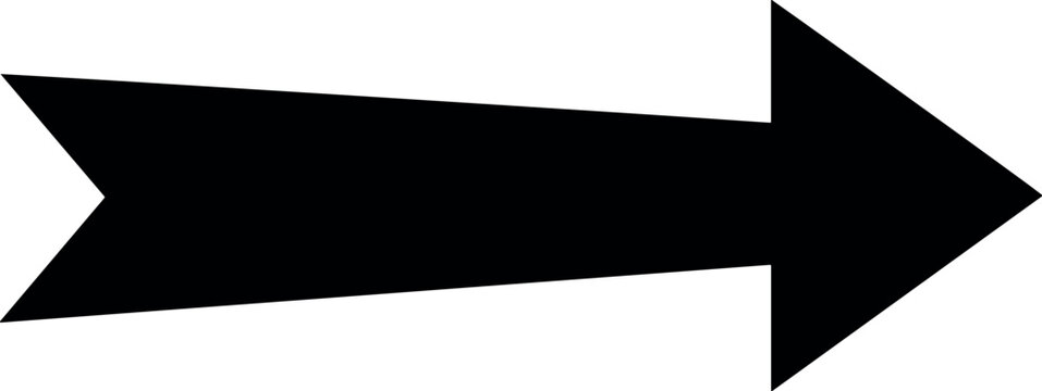 A professional black fishtail arrow icon pointing right on a white background conveying clear direction and movement.