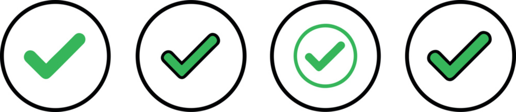 Set of four green check mark icons in black circles representing successful completion and positive digital validation.