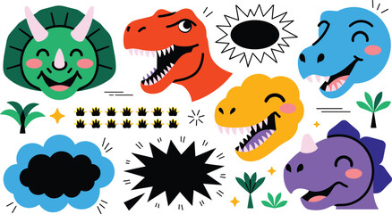Dinosaur faces flat vector illustration. Colorful prehistoric heads like triceratops and t-rex sit near empty speech bubbles, stars, and tiny palm trees. © ALINA