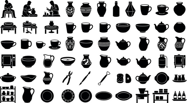 Comprehensive ceramic pottery icon collection featuring clay sculpting craftsmen vases teapots bowls plates kilns and craft tools, black vector silhouette graphics set.