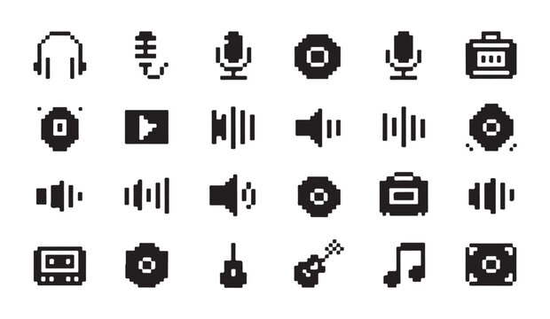 Pixel art music audio icon set featuring various podcast equipment and sound wave shapes.