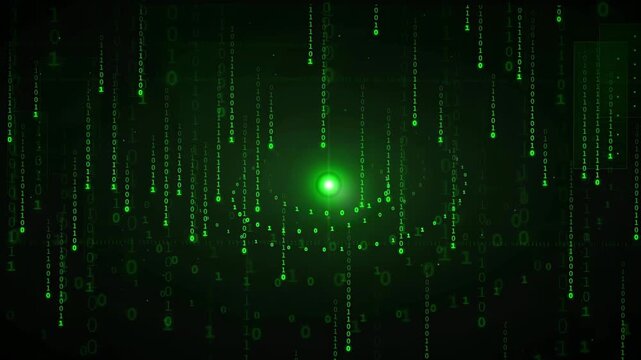 Abstract digital data stream with falling green binary code and glowing central light sphere