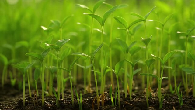 Green seedling in fertile soil with fresh growth and climate change concept, natural plant sprout background, young plant sprout garden, green leaf and dark earth for ecology nature SEO title