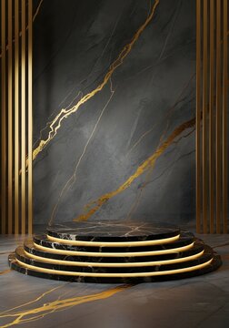 Elegant black marble pedestal with gold accents on a black marble background