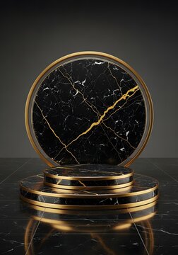 Elegant black marble podium with gold accents on a black marble background
