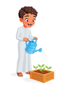 Happy young Arab boy watering green sprouts and seedlings in a wooden box with a blue watering can. Cartoon vector illustration.