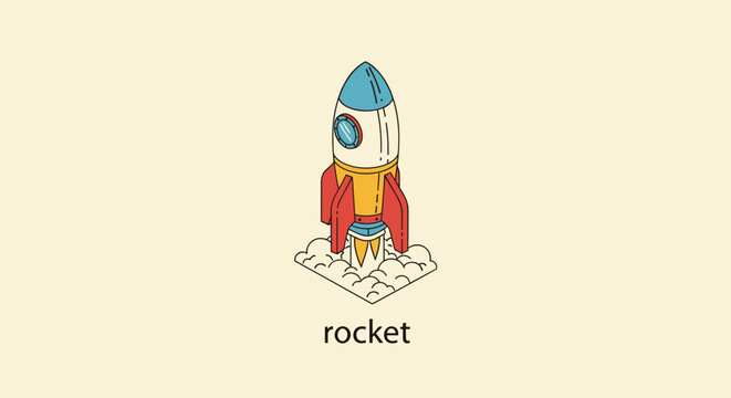 Isometric illustration of a colorful space rocket launching into the sky with clouds of smoke at its base for exploration concepts.