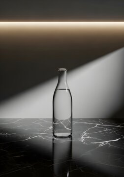 Elegant glass bottle with water on black marble background dramatic lighting