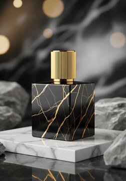 Elegant perfume bottle with marble texture on a black marble background