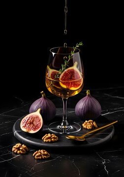 Fig cocktail with fresh figs and walnuts on a black marble background still life